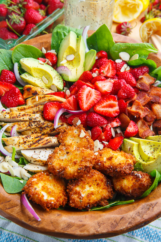 Strawberry and Avocado Chicken Salad with Crispy Fried Goat Cheese and Honey Lemon Dijon Poppy Seed Vinaigrette Strawberry and Avocado Chicken Salad with Crispy Fried Goat Cheese and Honey Lemon Dijon Poppy Seed Vinaigrette