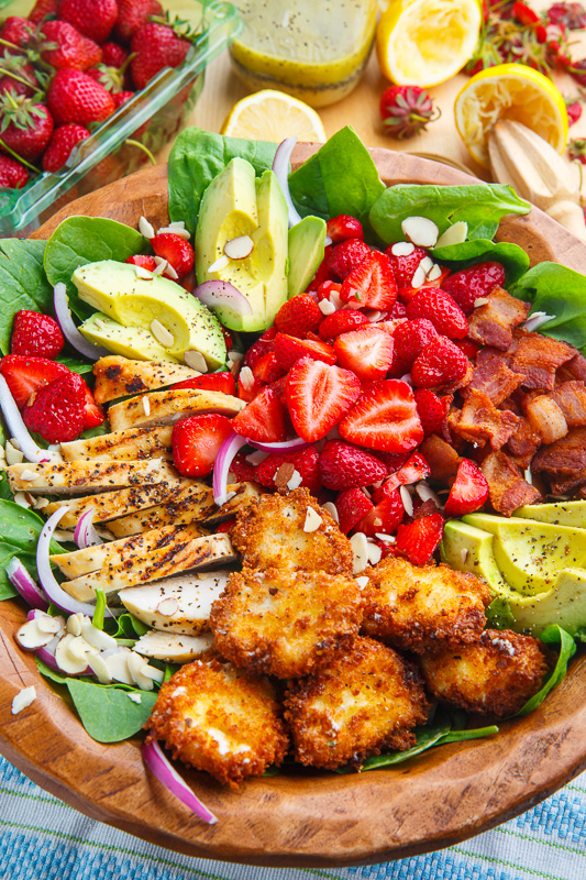 Strawberry and Avocado Chicken Salad with Crispy Fried Goat Cheese and Honey Lemon Dijon Poppy Seed Vinaigrette Strawberry and Avocado Chicken Salad with Crispy Fried Goat Cheese and Honey Lemon Dijon Poppy Seed Vinaigrette
