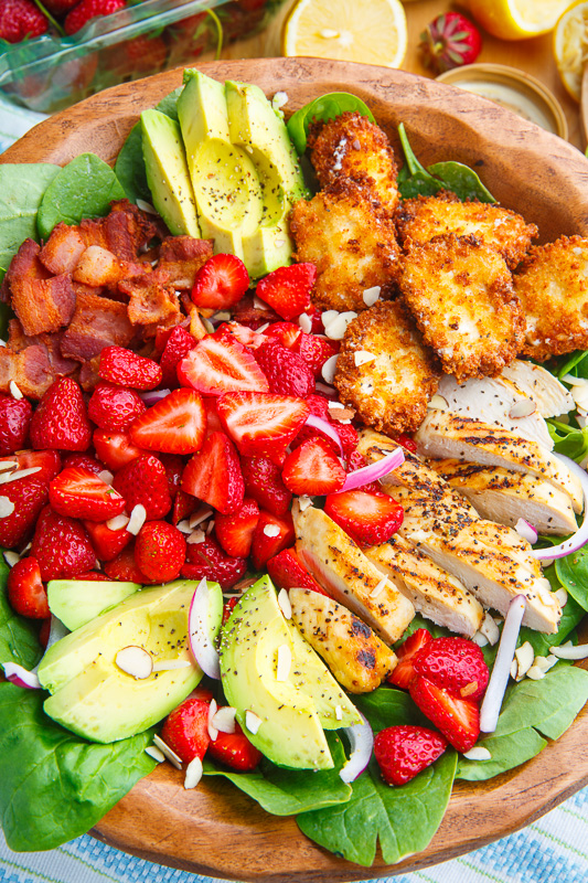 Strawberry and Avocado Chicken Salad with Crispy Fried Goat Cheese and Honey Lemon Dijon Poppy Seed Vinaigrette Strawberry and Avocado Chicken Salad with Crispy Fried Goat Cheese and Honey Lemon Dijon Poppy Seed Vinaigrette