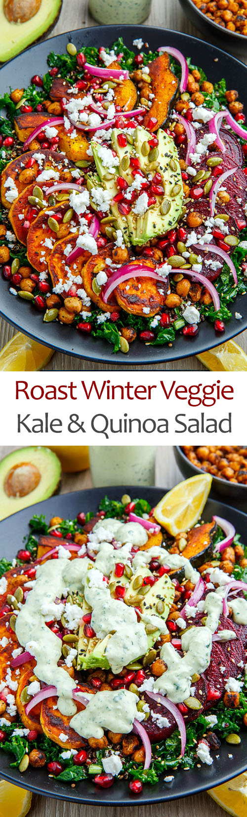 Roast Acorn Squash, Sweet Potato and Beet Kale and Quinoa Salad with Avocado, Feta and Pomegranate in a Cilantro Lemon Tahini Dressing Roast Acorn Squash, Sweet Potato and Beet Kale and Quinoa Salad with Avocado, Feta and Pomegranate in a Cilantro Lemon Tahini Dressing
