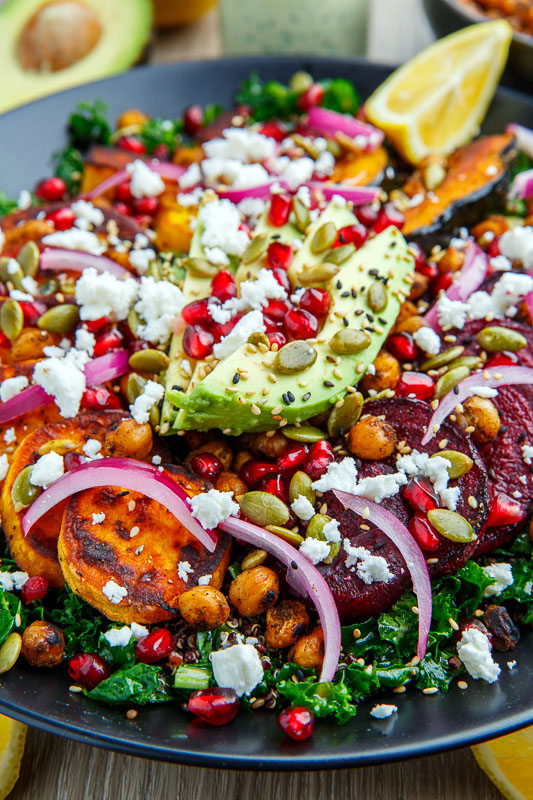 Roast Acorn Squash, Sweet Potato and Beet Kale and Quinoa Salad with Avocado, Feta and Pomegranate in a Cilantro Lemon Tahini Dressing Roast Acorn Squash, Sweet Potato and Beet Kale and Quinoa Salad with Avocado, Feta and Pomegranate in a Cilantro Lemon Tahini Dressing