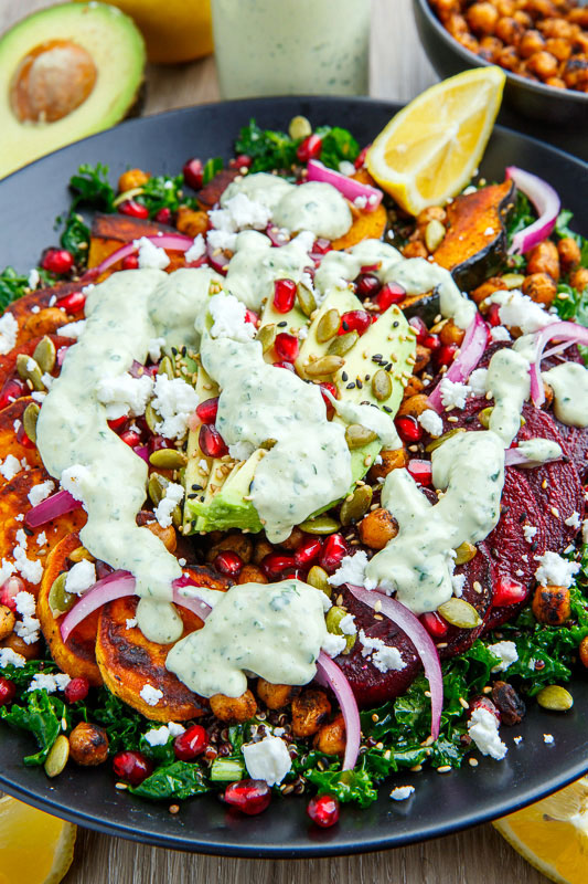 Roast Acorn Squash, Sweet Potato and Beet Kale and Quinoa Salad with Avocado, Feta and Pomegranate in a Cilantro Lemon Tahini Dressing Roast Acorn Squash, Sweet Potato and Beet Kale and Quinoa Salad with Avocado, Feta and Pomegranate in a Cilantro Lemon Tahini Dressing