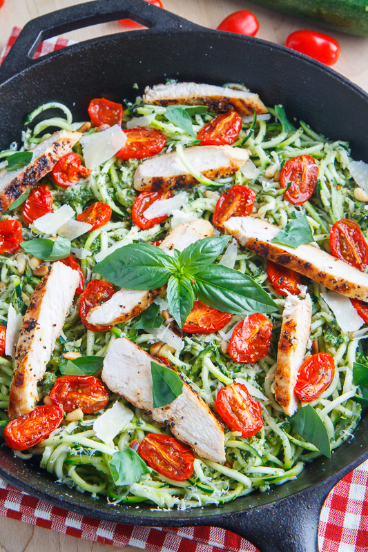 Pesto Zucchini Noodles with Roasted Tomatoes and Grilled Chicken Pesto Zucchini Noodles with Roasted Tomatoes and Grilled Chicken