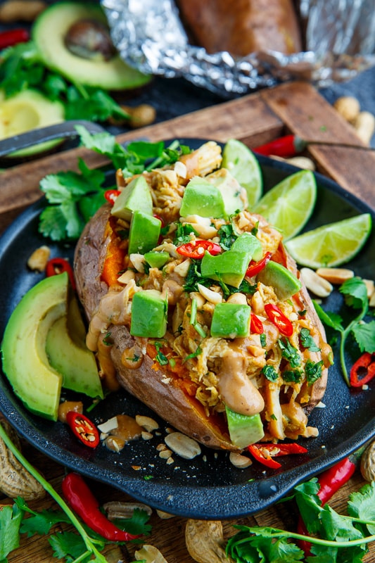 Slow Cooker Peanut Chicken Sweet Potato Boats