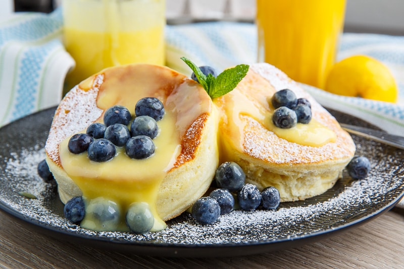 Japanese Souffle Pancakes with Lemon Curd and Blueberries Japanese Souffle Pancakes with Lemon Curd and Blueberries
