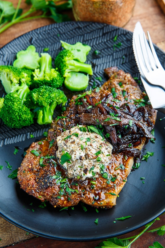 Pan Seared Steaks with Balsamic Red Onions and Roasted Garlic and Porcini Mushroom Goat Cheese Butter Pan Seared Steaks with Balsamic Red Onions and Roasted Garlic and Porcini Mushroom Goat Cheese Butter