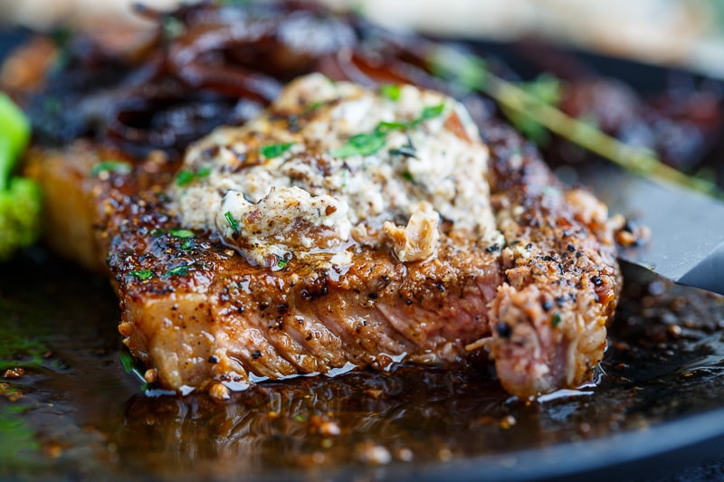 Pan Seared Steaks with Balsamic Red Onions and Roasted Garlic and Porcini Mushroom Goat Cheese Butter Pan Seared Steaks with Balsamic Red Onions and Roasted Garlic and Porcini Mushroom Goat Cheese Butter