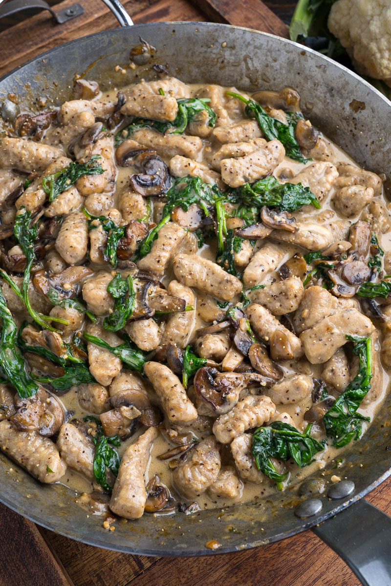 Cauliflower Gnocchi in Asiago Mushroom and Spinach Sauce
