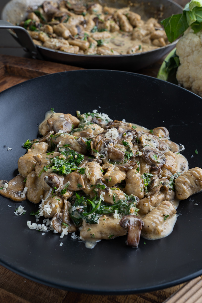Cauliflower Gnocchi in Asiago Mushroom and Spinach Sauce Cauliflower Gnocchi in Asiago Mushroom and Spinach Sauce