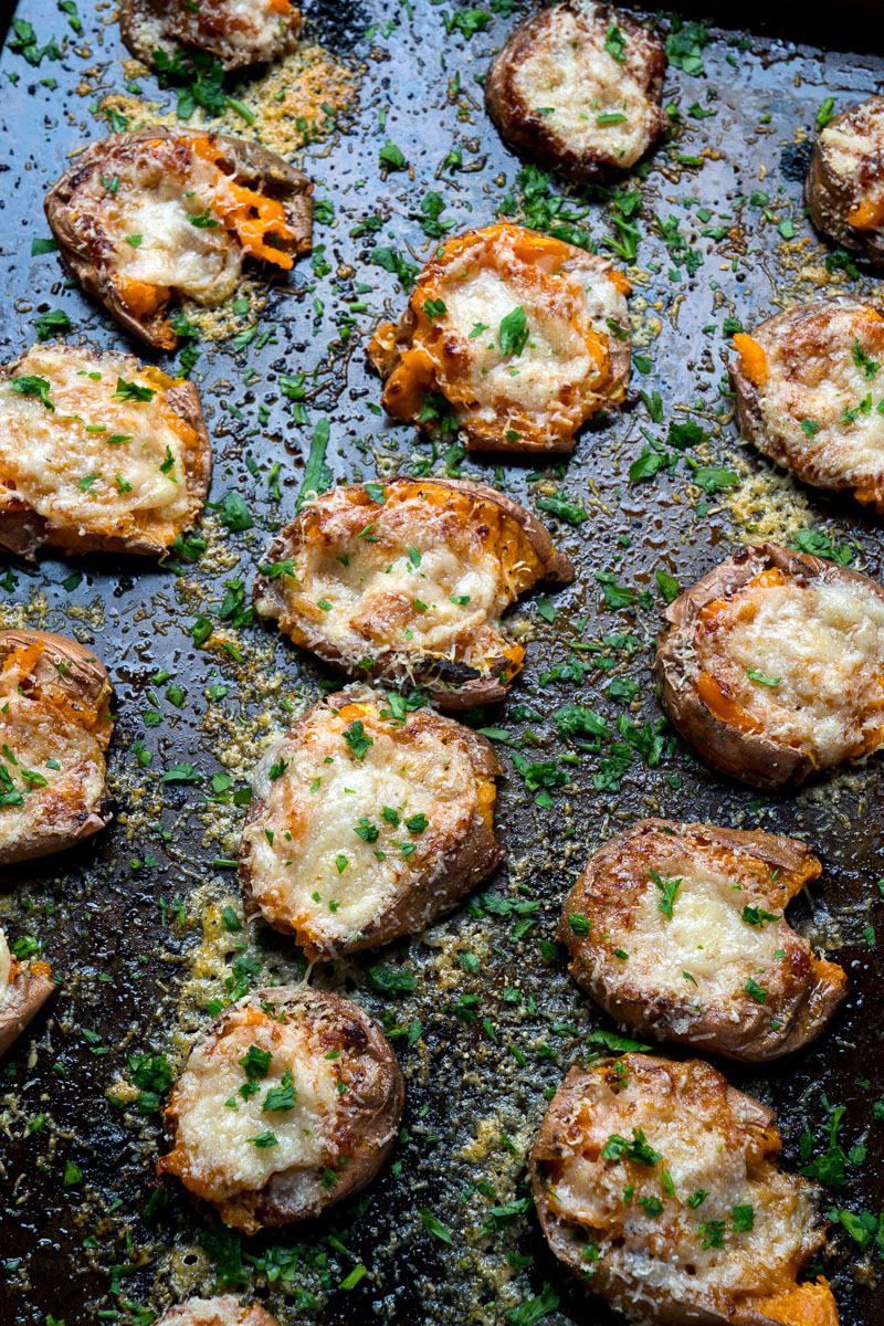 Parmesan Garlic Miso Butter Smashed Sweet Potatoes