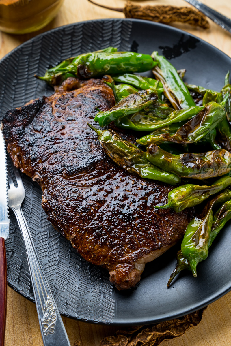 Cocoa Crusted Steak with Shishito Peppers