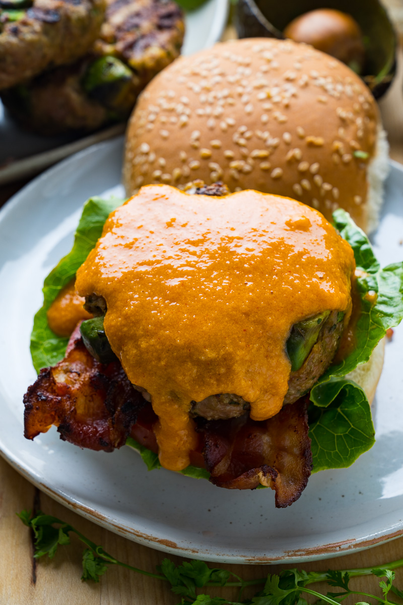 Avocado Chicken Burgers with Gochujang Nacho Cheese Sauce and Bacon Avocado Chicken Burgers with Gochujang Nacho Cheese Sauce and Bacon