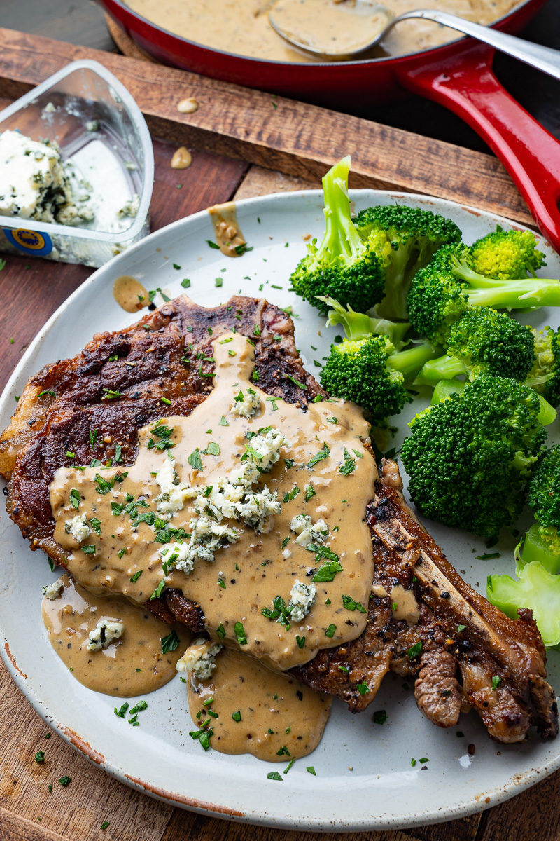 Pan Seared Steak in Creamy Blue Cheese Sauce