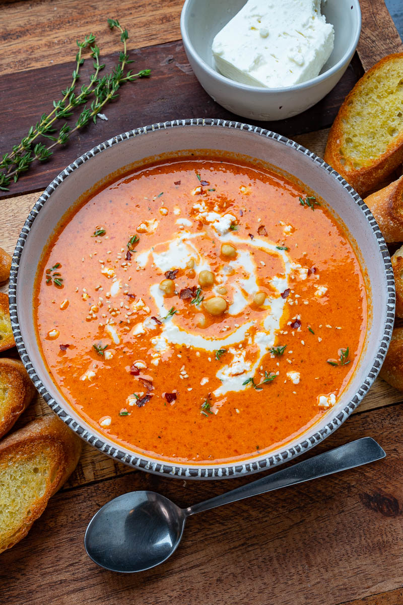 Creamy Roasted Red Pepper Chickpea Soup with Tahini and Feta