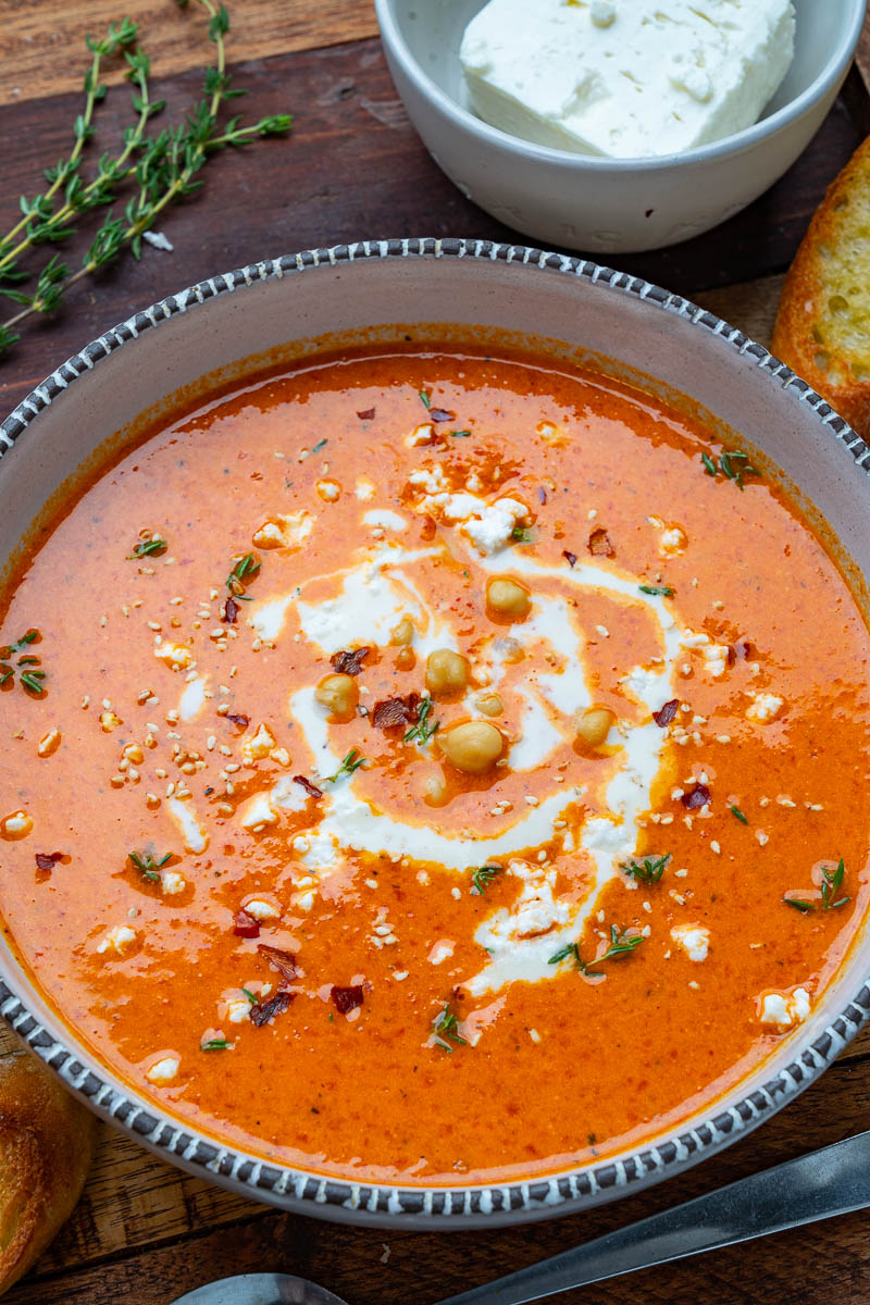 Creamy Roasted Red Pepper Chickpea Soup with Tahini and Feta Creamy Roasted Red Pepper Chickpea Soup with Tahini and Feta