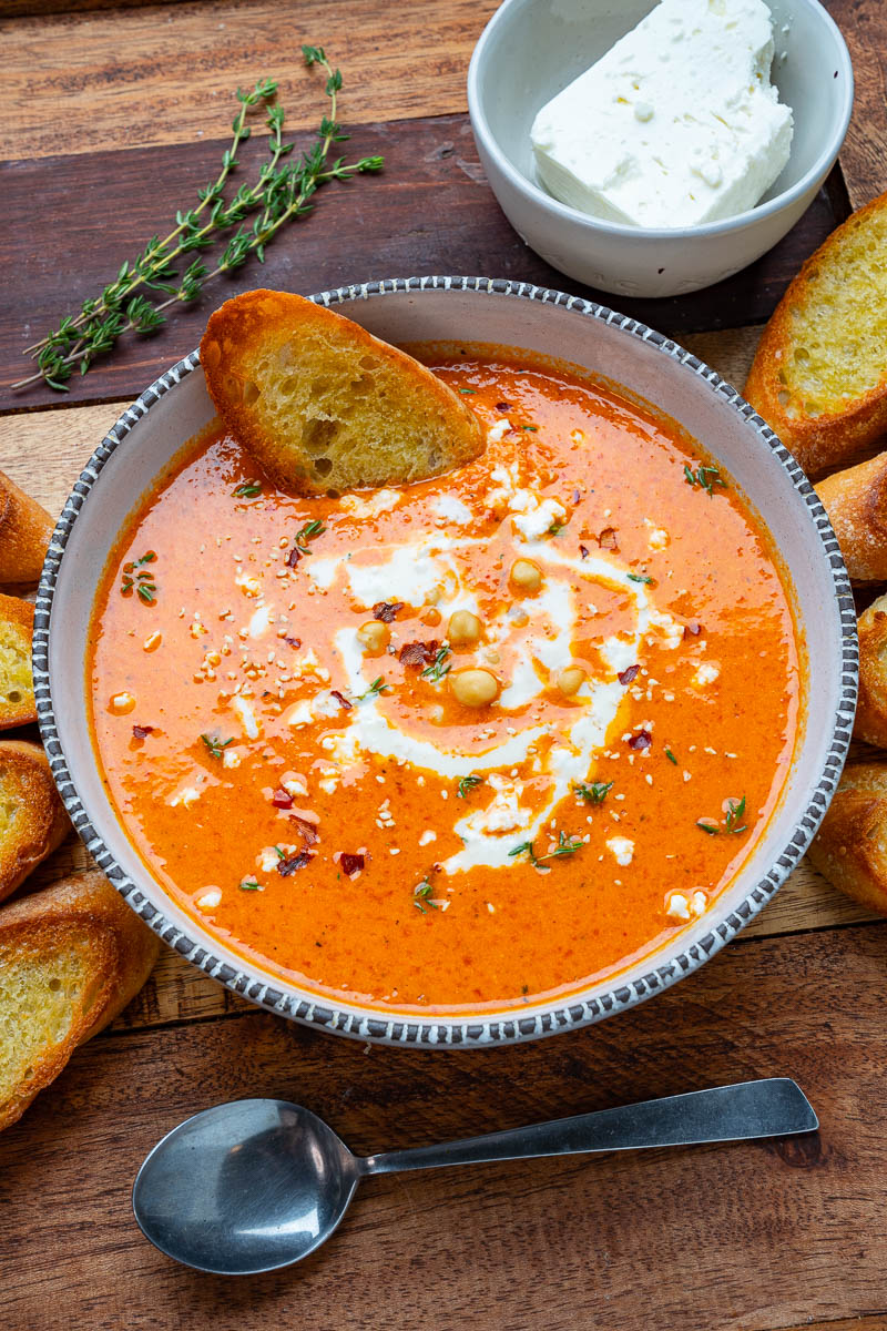 Creamy Roasted Red Pepper Chickpea Soup with Tahini and Feta Creamy Roasted Red Pepper Chickpea Soup with Tahini and Feta