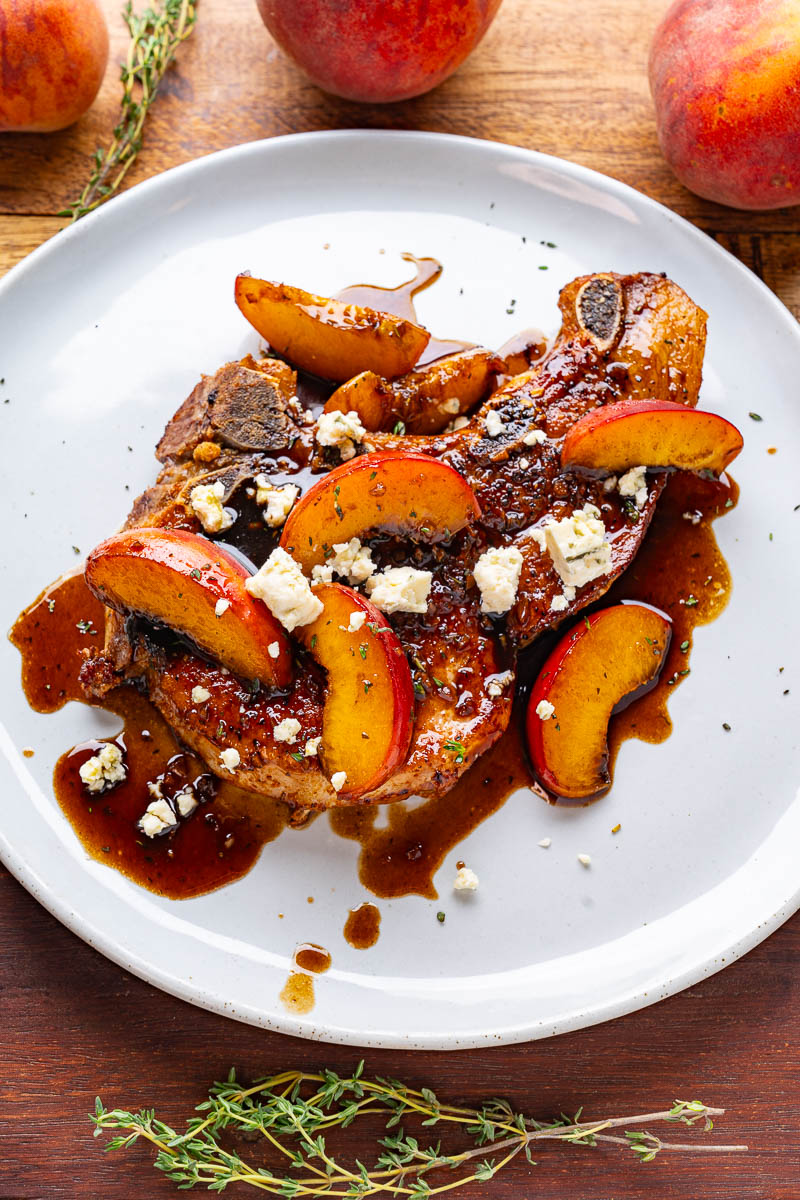 Balsamic Peach Pork Chops with Blue Cheese