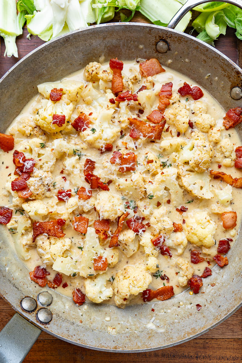 Creamed Cauliflower (aka Creamy Garlic Parmesan Cauliflower with Bacon)