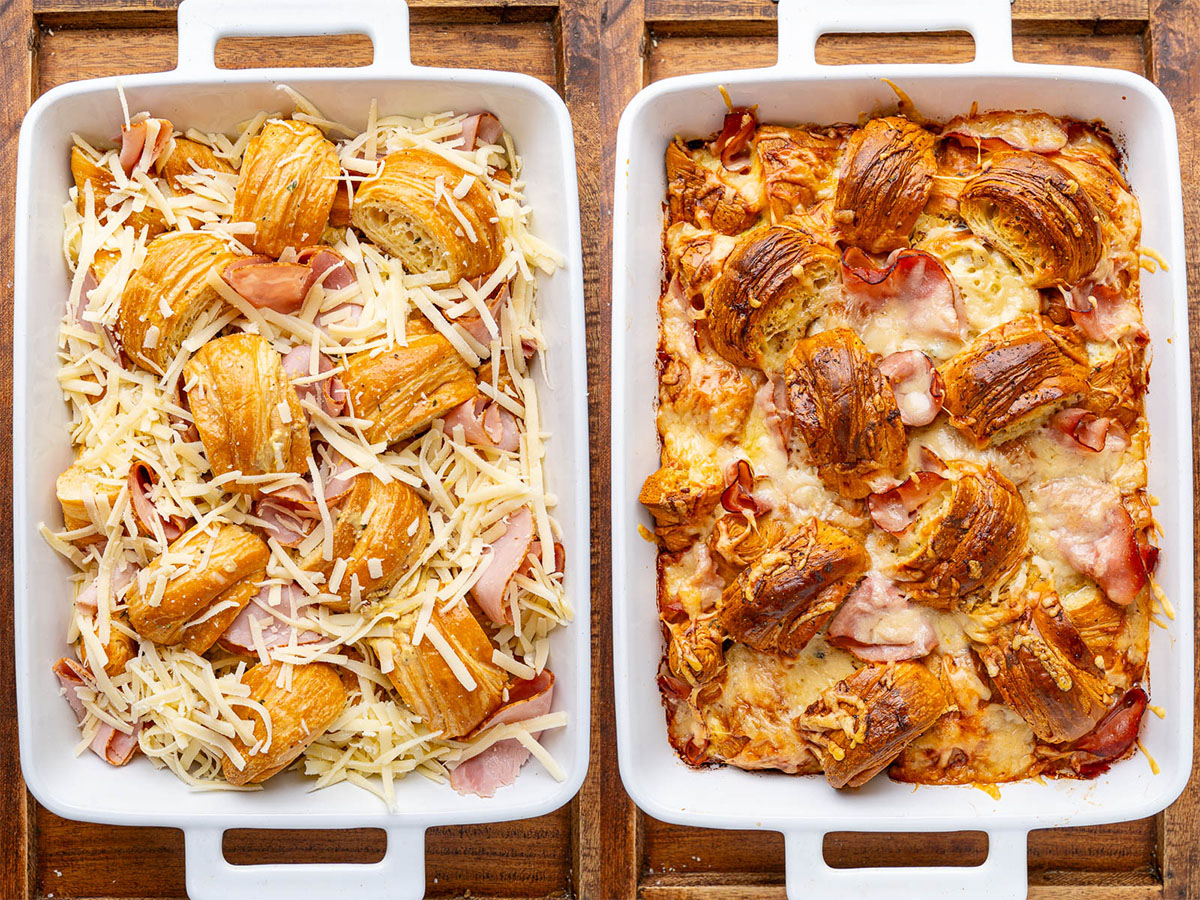 Ham and Cheese Croissant Casserole with Honey Mustard Sauce Ham and Cheese Croissant Casserole with Honey Mustard Sauce