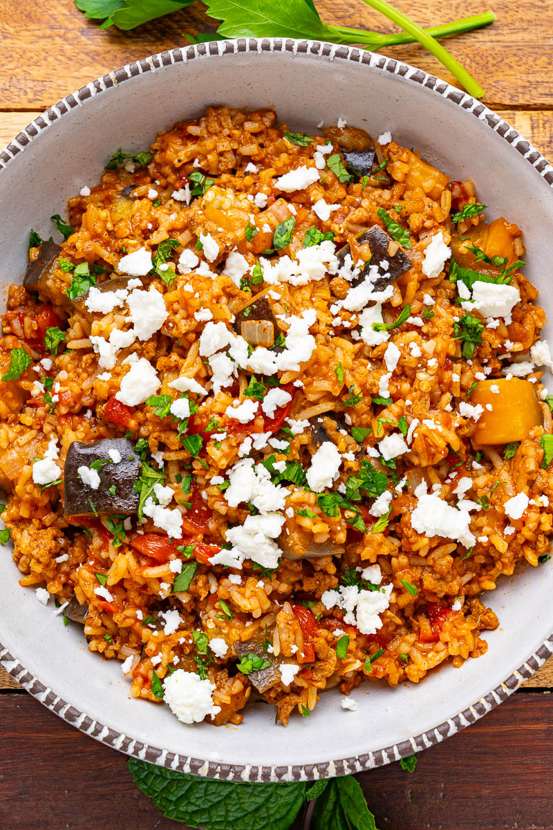 Greek Style Beef and Eggplant Rice (aka Moussaka Rice)