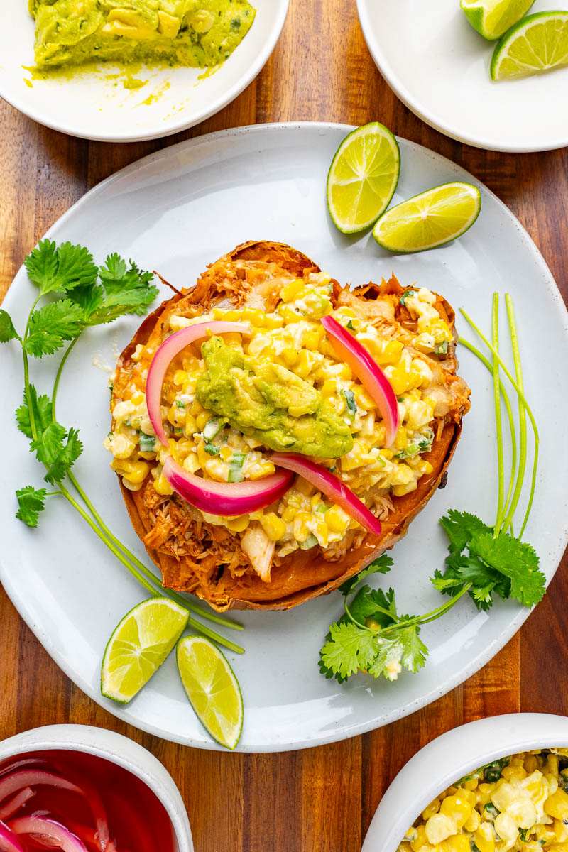 BBQ Chicken and Street Corn Salad Stuffed Sweet Potatoes