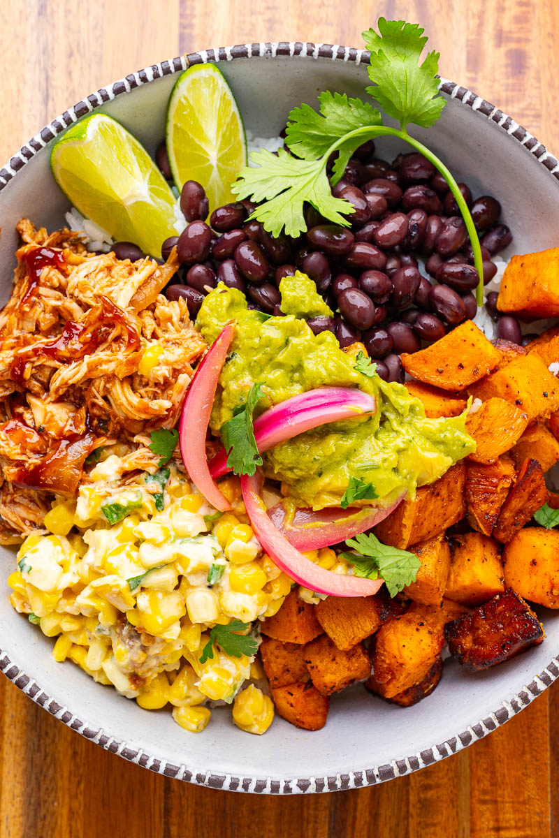 BBQ Chicken and Street Corn Salad Stuffed Sweet Potatoes Bowls