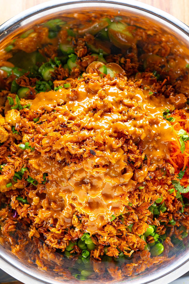 Crunchy Chicken Satay Salad with Crispy Chili Rice and Peanut Dressing